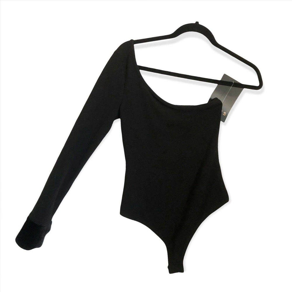 Le Lis NWT One Shoulder Long Slv Bodysuit Top Black Faux Fur Trim Sz S Thong